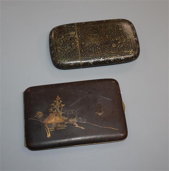 A Japanese gold and silver damascened iron cigarette case and a Middle Eastern enamel and metal inlay cheroot case